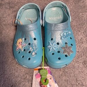 Crocs Disney Frozen Elsa Clog Blue Silver Glitter Jibbitz Women 6 J4 NEW